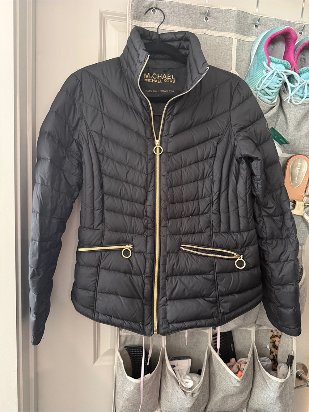 MICHAEL Michael Kors Black Quilted Puffer Jacket with Gold Trim